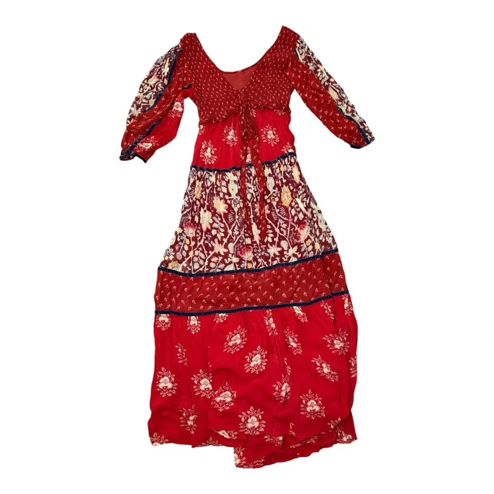 Free People Red Bali Laurel Maxi Dress Boho Romantic Resort Festival S/M - Picture 4 of 6